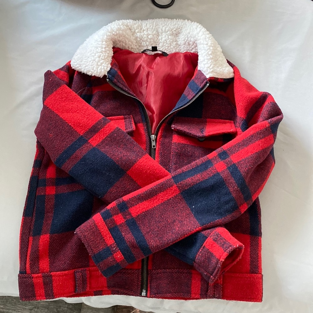 Red plaid crop jacket for winter